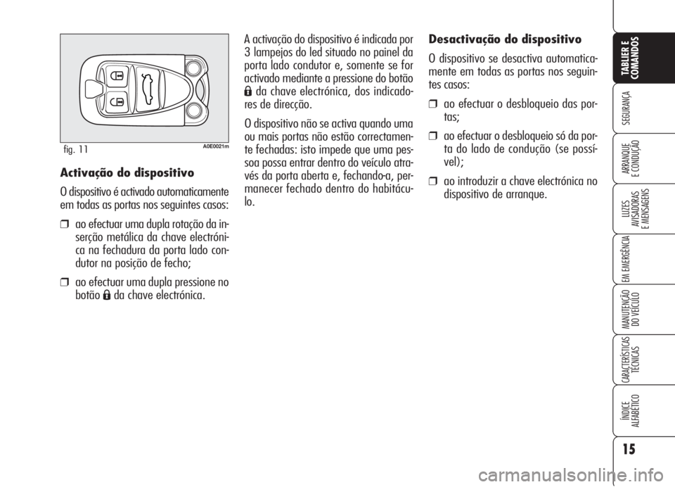 Alfa Romeo 159 2006 Manual de Uso e Manutenção (in Portuguese) 15
SEGURANÇA
LUZES
AVISADORAS
E MENSAGENS
EM EMERGÊNCIA
MANUTENÇÃO
DO VEÍCULO
CARACTERÍSTICASTÉCNICAS
ÍNDICE
ALFABÉTICO
TABLIER E
COMANDOS
ARRANQUE
E CONDUÇÃO
Desactivação do dispos Alfa Romeo 159 2006 Manual de Uso e Manutenção (in Portuguese) 15
SEGURANÇA
LUZES
AVISADORAS
E MENSAGENS
EM EMERGÊNCIA
MANUTENÇÃO
DO VEÍCULO
CARACTERÍSTICASTÉCNICAS
ÍNDICE
ALFABÉTICO
TABLIER E
COMANDOS
ARRANQUE
E CONDUÇÃO
Desactivação do dispos