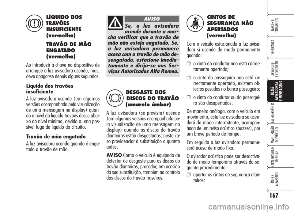 Alfa Romeo 159 2006  Manual de Uso e Manutenção (in Portuguese) 167
SEGURANÇA
LUZES
AVISADORAS 
E MENSAGENS 
EM EMERGÊNCIA 
MANUTENÇÃO
DO VEÍCULO 
CARACTERÍSTICASTÉCNICAS
ÍNDICE
ALFABÉTICO
TABLIER E 
COMANDOS
ARRANQUE
E CONDUÇÃO 
CINTOS DE 
SEGURANÇA N
