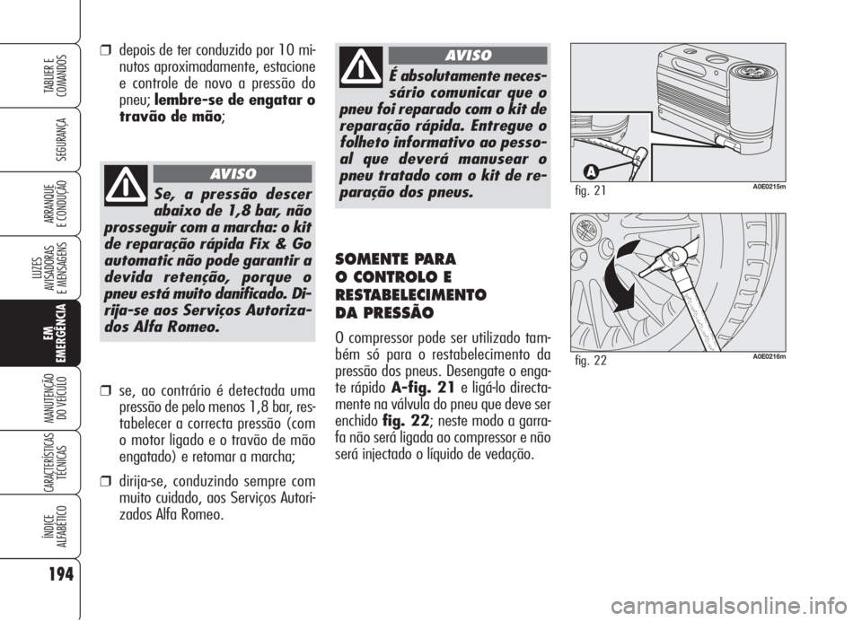 Alfa Romeo 159 2006  Manual de Uso e Manutenção (in Portuguese) 194
SEGURANÇA
LUZES
AVISADORAS 
E MENSAGENS 
EM
EMERGÊNCIA
MANUTENÇÃO
DO VEÍCULO 
CARACTERÍSTICASTÉCNICAS
ÍNDICE
ALFABÉTICO
TABLIER E 
COMANDOS
ARRANQUE
E CONDUÇÃO 
É absolutamente neces-
