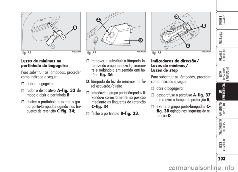 Alfa Romeo 159 2006  Manual de Uso e Manutenção (in Portuguese) 203
SEGURANÇA
LUZES
AVISADORAS 
E MENSAGENS 
EM
EMERGÊNCIA
MANUTENÇÃO
DO VEÍCULO 
CARACTERÍSTICASTÉCNICAS
ÍNDICE
ALFABÉTICO
TABLIER E 
COMANDOS
ARRANQUE
E CONDUÇÃO Indicadores de direcção
