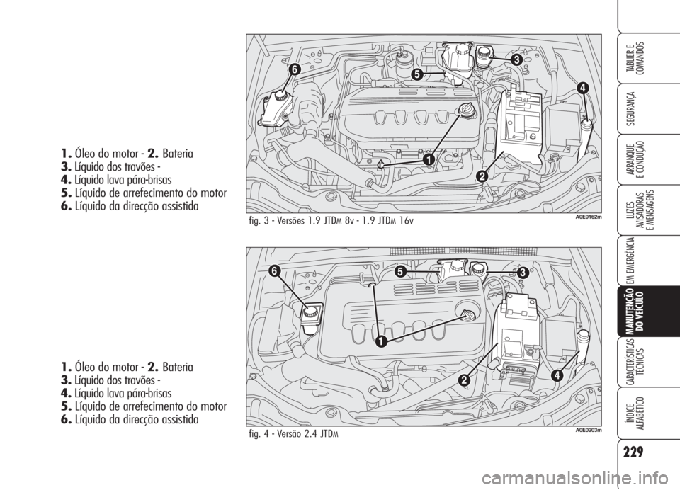 Alfa Romeo 159 2006  Manual de Uso e Manutenção (in Portuguese) 229
SEGURANÇA
LUZES
AVISADORAS 
E MENSAGENS 
EM EMERGÊNCIA 
MANUTENÇÃO
DO VEÍCULO
CARACTERÍSTICASTÉCNICAS
ÍNDICE
ALFABÉTICO
TABLIER E 
COMANDOS
ARRANQUE
E CONDUÇÃO 
fig. 3 - Versões 1.9 JT