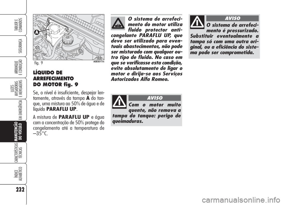 Alfa Romeo 159 2006  Manual de Uso e Manutenção (in Portuguese) 232
SEGURANÇA
LUZES
AVISADORAS 
E MENSAGENS 
EM EMERGÊNCIA 
MANUTENÇÃO
DO VEÍCULO
CARACTERÍSTICASTÉCNICAS
ÍNDICE
ALFABÉTICO
TABLIER E 
COMANDOS
ARRANQUE
E CONDUÇÃO LÍQUIDO DE
ARREFECIMENTO