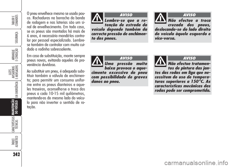 Alfa Romeo 159 2006  Manual de Uso e Manutenção (in Portuguese) 242
SEGURANÇA
LUZES
AVISADORAS 
E MENSAGENS 
EM EMERGÊNCIA 
MANUTENÇÃO
DO VEÍCULO
CARACTERÍSTICASTÉCNICAS
ÍNDICE
ALFABÉTICO
TABLIER E 
COMANDOS
ARRANQUE
E CONDUÇÃO 
Lembre-se que a re-
ten