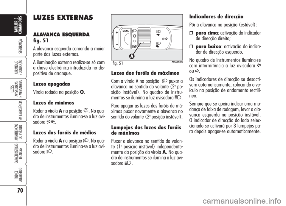 Alfa Romeo 159 2006  Manual de Uso e Manutenção (in Portuguese) 70
SEGURANÇA
LUZES
AVISADORAS 
E MENSAGENS 
EM EMERGÊNCIA 
MANUTENÇÃO
DO VEÍCULO 
CARACTERÍSTICASTÉCNICAS
ÍNDICE
ALFABÉTICO
TABLIER E 
COMANDOS
ARRANQUE
E CONDUÇÃO 
LUZES EXTERNAS
ALAVANCA 