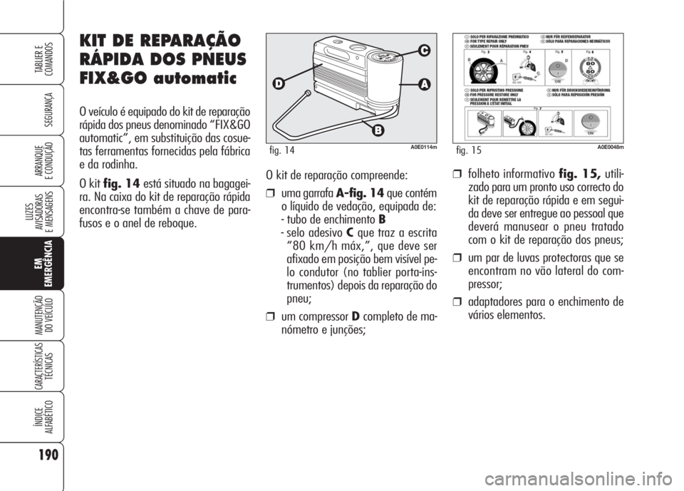 Alfa Romeo 159 2007 Manual de Uso e Manutenção (in Portuguese) O kit de reparação compreende:
❒uma garrafa A-fig. 14que contém
o líquido de vedação, equipada de:
- tubo de enchimento B
- selo adesivo Cque traz a escrita
“80 km/h máx,”, que deve ser
a Alfa Romeo 159 2007 Manual de Uso e Manutenção (in Portuguese) O kit de reparação compreende:
❒uma garrafa A-fig. 14que contém
o líquido de vedação, equipada de:
- tubo de enchimento B
- selo adesivo Cque traz a escrita
“80 km/h máx,”, que deve ser
a