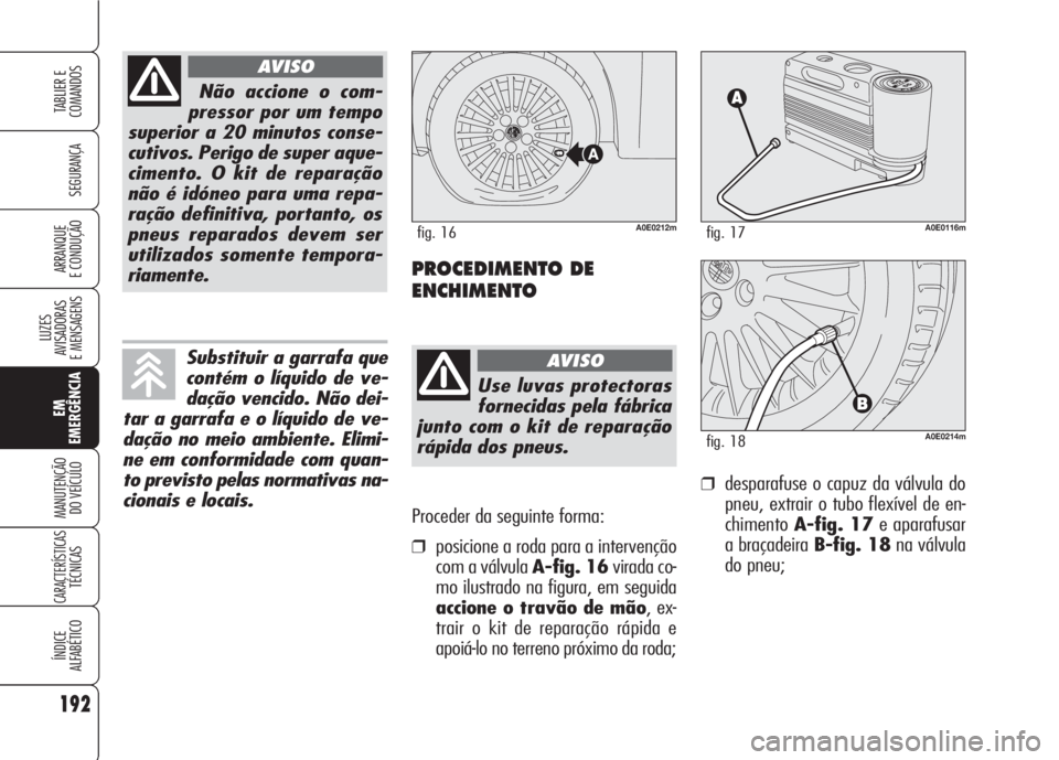 Alfa Romeo 159 2007 Manual de Uso e Manutenção (in Portuguese) Proceder da seguinte forma:
❒posicione a roda para a intervenção
com a válvula A-fig. 16virada co-
mo ilustrado na figura, em seguida
accione o travão de mão, ex-
trair o kit de reparação rá Alfa Romeo 159 2007 Manual de Uso e Manutenção (in Portuguese) Proceder da seguinte forma:
❒posicione a roda para a intervenção
com a válvula A-fig. 16virada co-
mo ilustrado na figura, em seguida
accione o travão de mão, ex-
trair o kit de reparação rá