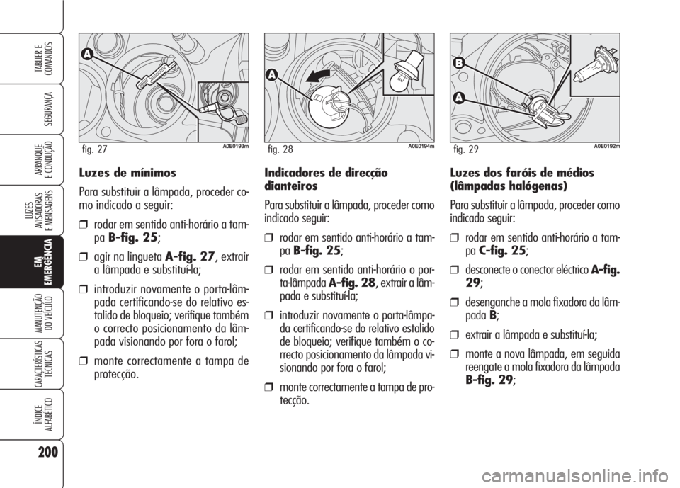 Alfa Romeo 159 2007 Manual de Uso e Manutenção (in Portuguese) Luzes de mínimos
Para substituir a lâmpada, proceder co-
mo indicado a seguir:
❒rodar em sentido anti-horário a tam-
paB-fig. 25;
❒agir na lingueta A-fig. 27, extrair
a lâmpada e substituí-la Alfa Romeo 159 2007 Manual de Uso e Manutenção (in Portuguese) Luzes de mínimos
Para substituir a lâmpada, proceder co-
mo indicado a seguir:
❒rodar em sentido anti-horário a tam-
paB-fig. 25;
❒agir na lingueta A-fig. 27, extrair
a lâmpada e substituí-la