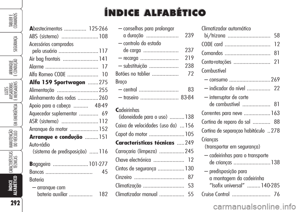 Alfa Romeo 159 2007 Manual de Uso e Manutenção (in Portuguese) 292
SEGURANÇA
LUZES
AVISADORAS
E MENSAGENS
EM EMERGÊNCIA
MANUTENÇÃO
DO VEÍCULO
CARACTERÍSTICASTÉCNICAS
ÍNDICE
ALFABÉTICO
TABLIER E
COMANDOS
ARRANQUE
E CONDUÇÃO
– conselhos para prol Alfa Romeo 159 2007 Manual de Uso e Manutenção (in Portuguese) 292
SEGURANÇA
LUZES
AVISADORAS
E MENSAGENS
EM EMERGÊNCIA
MANUTENÇÃO
DO VEÍCULO
CARACTERÍSTICASTÉCNICAS
ÍNDICE
ALFABÉTICO
TABLIER E
COMANDOS
ARRANQUE
E CONDUÇÃO
– conselhos para prol