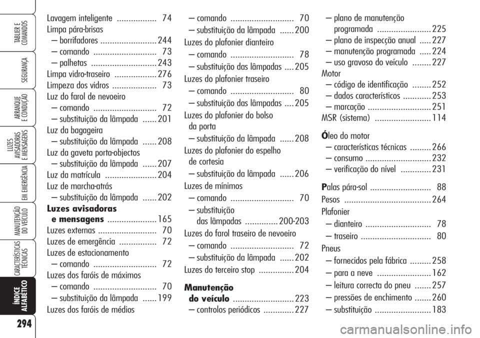 Alfa Romeo 159 2007 Manual de Uso e Manutenção (in Portuguese) 294
SEGURANÇA
LUZES
AVISADORAS
E MENSAGENS
EM EMERGÊNCIA
MANUTENÇÃO
DO VEÍCULO
CARACTERÍSTICASTÉCNICAS
ÍNDICE
ALFABÉTICO
TABLIER E
COMANDOS
ARRANQUE
E CONDUÇÃO
– comando .......... Alfa Romeo 159 2007 Manual de Uso e Manutenção (in Portuguese) 294
SEGURANÇA
LUZES
AVISADORAS
E MENSAGENS
EM EMERGÊNCIA
MANUTENÇÃO
DO VEÍCULO
CARACTERÍSTICASTÉCNICAS
ÍNDICE
ALFABÉTICO
TABLIER E
COMANDOS
ARRANQUE
E CONDUÇÃO
– comando ..........