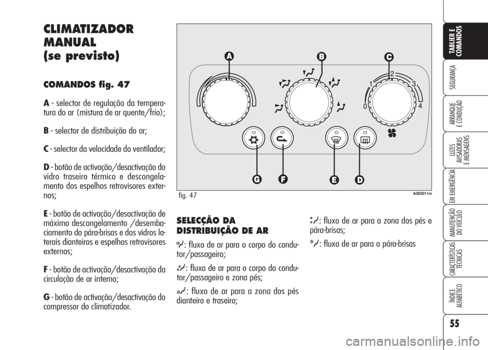Alfa Romeo 159 2007  Manual de Uso e Manutenção (in Portuguese) 55
SEGURANÇA
LUZES
AVISADORAS 
E MENSAGENS 
EM EMERGÊNCIA 
MANUTENÇÃO
DO VEÍCULO 
CARACTERÍSTICASTÉCNICAS
ÍNDICE
ALFABÉTICO
TABLIER E 
COMANDOS
ARRANQUE
E CONDUÇÃO 
SELECÇÃO DA
DISTRIBUI
