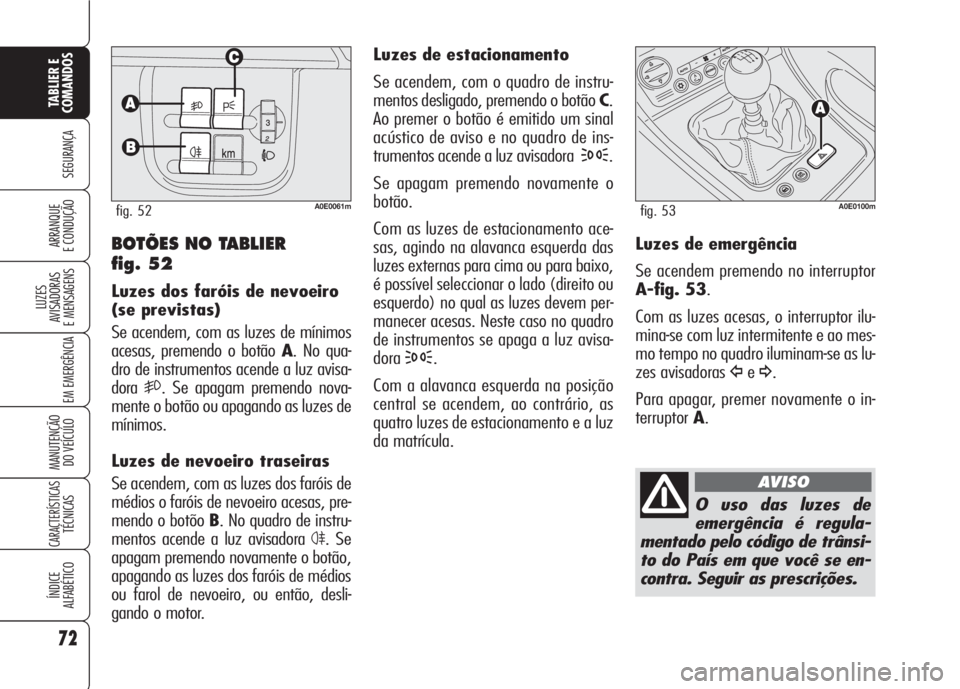 Alfa Romeo 159 2007  Manual de Uso e Manutenção (in Portuguese) 72
SEGURANÇA
LUZES
AVISADORAS 
E MENSAGENS 
EM EMERGÊNCIA 
MANUTENÇÃO
DO VEÍCULO 
CARACTERÍSTICASTÉCNICAS
ÍNDICE
ALFABÉTICO
TABLIER E 
COMANDOS
ARRANQUE
E CONDUÇÃO 
Luzes de estacionamento
