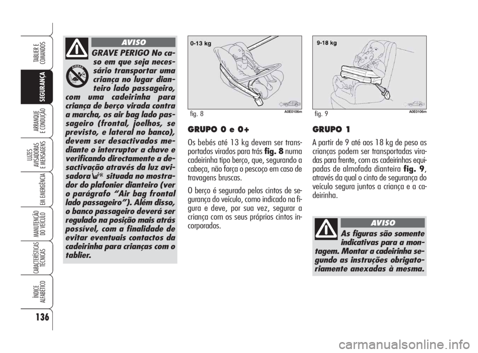 Alfa Romeo 159 2009  Manual de Uso e Manutenção (in Portuguese) 136
SEGURANÇA
LUZES
AVISADORAS 
E MENSAGENS 
EM EMERGÊNCIA 
MANUTENÇÃO
DO VEÍCULO 
CARACTERÍSTICASTÉCNICAS
ÍNDICE
ALFABÉTICO
TABLIER E 
COMANDOS
ARRANQUE
E CONDUÇÃO GRUPO 0 e 0+
Os bebés a