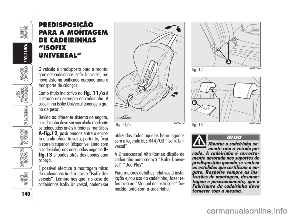 Alfa Romeo 159 2009  Manual de Uso e Manutenção (in Portuguese) 140
SEGURANÇA
LUZES
AVISADORAS 
E MENSAGENS 
EM EMERGÊNCIA 
MANUTENÇÃO
DO VEÍCULO 
CARACTERÍSTICASTÉCNICAS
ÍNDICE
ALFABÉTICO
TABLIER E 
COMANDOS
ARRANQUE
E CONDUÇÃO 
Montar a cadeirinha so-