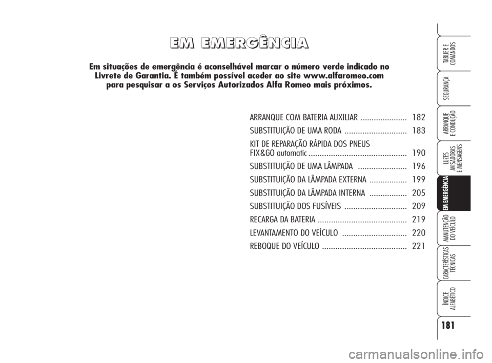 Alfa Romeo 159 2009  Manual de Uso e Manutenção (in Portuguese) 181
SEGURANÇA
LUZES
AVISADORAS 
E MENSAGENS 
EM EMERGÊNCIA
MANUTENÇÃO
DO VEÍCULO 
CARACTERÍSTICASTÉCNICAS
ÍNDICE
ALFABÉTICO
TABLIER E 
COMANDOS
ARRANQUE
E CONDUÇÃO 
E E
M M
E E
M M
E E
R R
