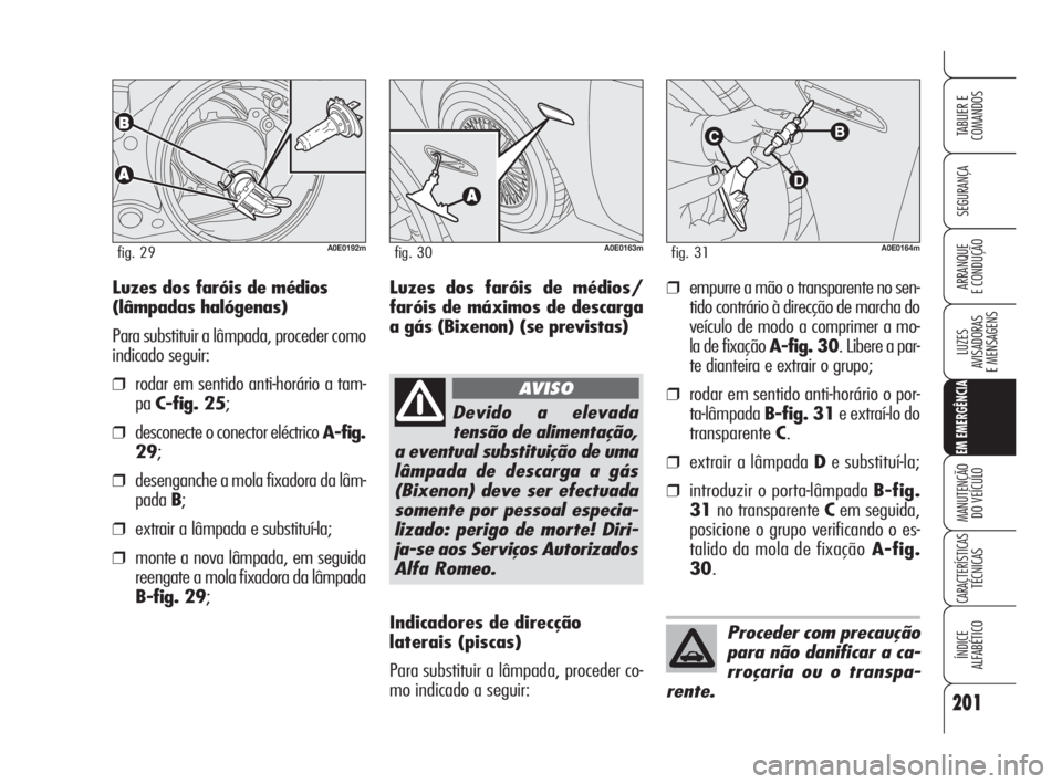 Alfa Romeo 159 2009  Manual de Uso e Manutenção (in Portuguese) 201
SEGURANÇA
LUZES
AVISADORAS 
E MENSAGENS 
EM EMERGÊNCIA
MANUTENÇÃO
DO VEÍCULO 
CARACTERÍSTICASTÉCNICAS
ÍNDICE
ALFABÉTICO
TABLIER E 
COMANDOS
ARRANQUE
E CONDUÇÃO 
A0E0192mfig. 29A0E0163mf