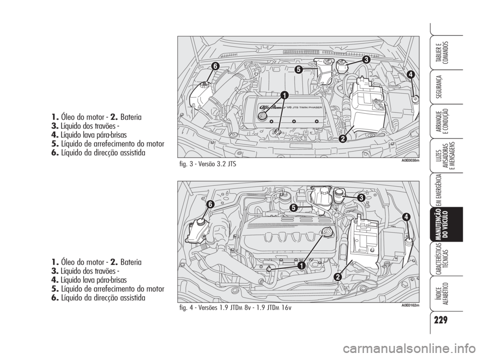 Alfa Romeo 159 2009  Manual de Uso e Manutenção (in Portuguese) 229
SEGURANÇA
LUZES
AVISADORAS 
E MENSAGENS 
EM EMERGÊNCIA 
MANUTENÇÃO
DO VEÍCULO
CARACTERÍSTICASTÉCNICAS
ÍNDICE
ALFABÉTICO
TABLIER E 
COMANDOS
ARRANQUE
E CONDUÇÃO 
fig. 3 - Versão 3.2 JTS