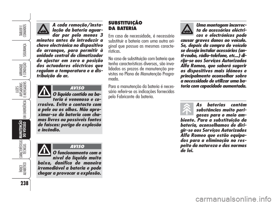 Alfa Romeo 159 2009  Manual de Uso e Manutenção (in Portuguese) 238
SEGURANÇA
LUZES
AVISADORAS 
E MENSAGENS 
EM EMERGÊNCIA 
MANUTENÇÃO
DO VEÍCULO
CARACTERÍSTICASTÉCNICAS
ÍNDICE
ALFABÉTICO
TABLIER E 
COMANDOS
ARRANQUE
E CONDUÇÃO 
SUBSTITUIÇÃO
DA BATERI