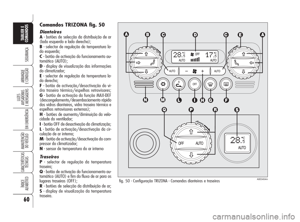 Alfa Romeo 159 2009  Manual de Uso e Manutenção (in Portuguese) 60
SEGURANÇA
LUZES
AVISADORAS 
E MENSAGENS 
EM EMERGÊNCIA 
MANUTENÇÃO
DO VEÍCULO 
CARACTERÍSTICASTÉCNICAS
ÍNDICE
ALFABÉTICO
TABLIER E 
COMANDOS
ARRANQUE
E CONDUÇÃO 
Comandos TRIZONA fig. 50