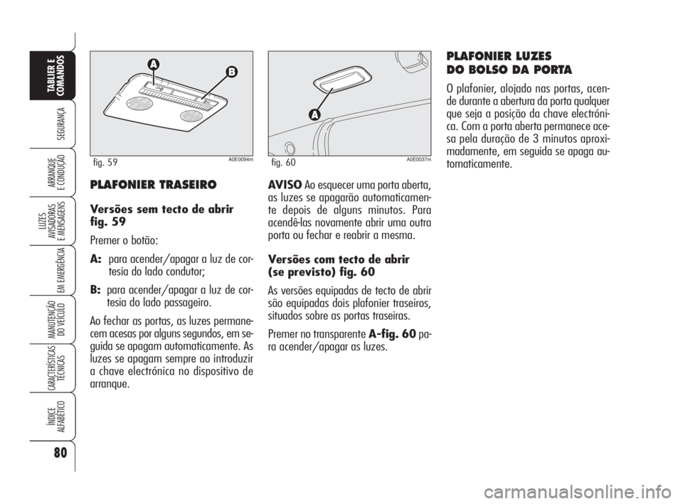 Alfa Romeo 159 2009  Manual de Uso e Manutenção (in Portuguese) 80
SEGURANÇA
LUZES
AVISADORAS 
E MENSAGENS 
EM EMERGÊNCIA 
MANUTENÇÃO
DO VEÍCULO 
CARACTERÍSTICASTÉCNICAS
ÍNDICE
ALFABÉTICO
TABLIER E 
COMANDOS
ARRANQUE
E CONDUÇÃO AVISOAo esquecer uma port