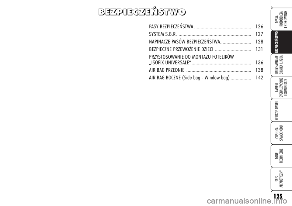 Alfa Romeo 159 2006  Instrukcja obsługi (in Polish) 125BEZPIECZE¡STWO LAMPKI 
SYGNALIZACYJNE
I KOMUNIKATYW RAZIE AWARIIOBS¸UGA
SAMOCHODUDANE 
TECHNICZNESPIS
ALFABETYCZNYDESKA
ROZDZIELCZA
I STEROWANIEURUCHAMIANIE
SILNIKA I JAZDA125
B B
E E
Z Z
P P
I I