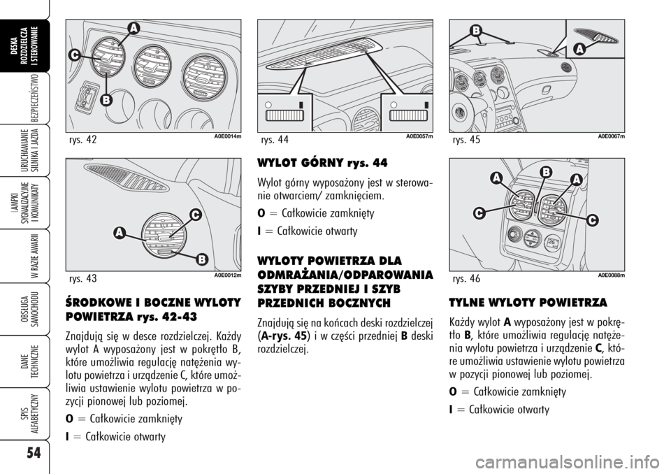 Alfa Romeo 159 2006  Instrukcja obsługi (in Polish) 54BEZPIECZE¡STWO
LAMPKI 
SYGNALIZACYJNE
I KOMUNIKATY
W RAZIE AWARIIOBS¸UGA
SAMOCHODUDANE 
TECHNICZNESPIS
ALFABETYCZNYDESKA
ROZDZIELCZA
I STEROWANIEURUCHAMIANIE
SILNIKA I JAZDA
ÂRODKOWE I BOCZNE WYL