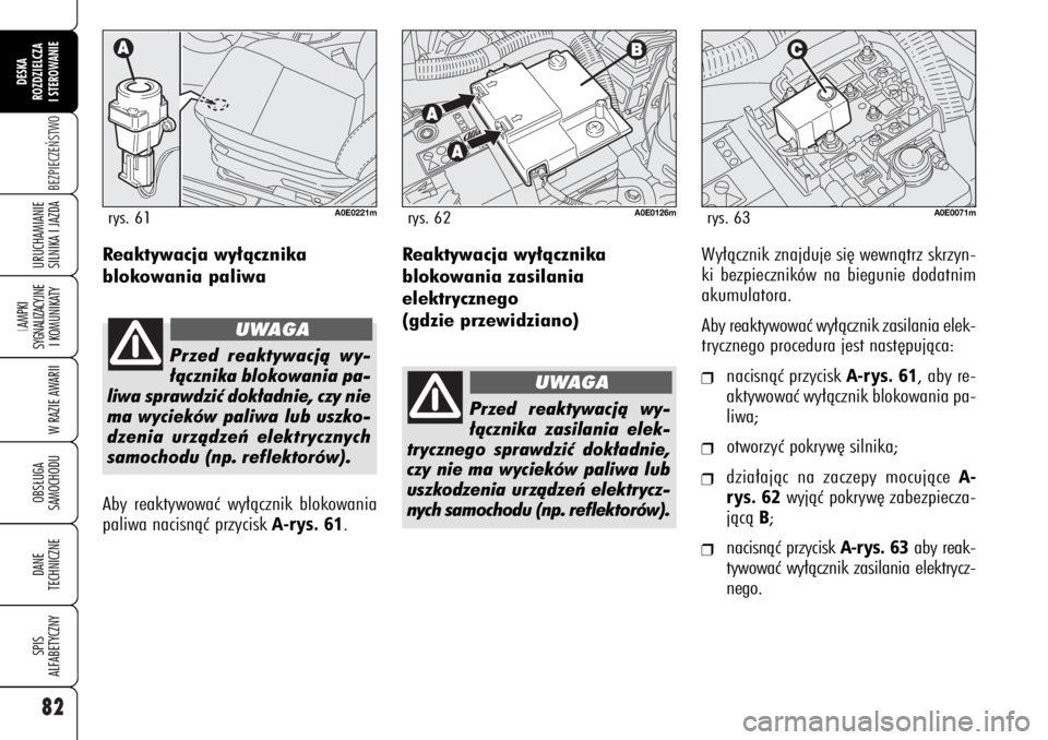 Alfa Romeo 159 2006  Instrukcja obsługi (in Polish) 82BEZPIECZE¡STWO
LAMPKI 
SYGNALIZACYJNE
I KOMUNIKATY
W RAZIE AWARIIOBS¸UGA
SAMOCHODUDANE 
TECHNICZNESPIS
ALFABETYCZNYDESKA
ROZDZIELCZA
I STEROWANIEURUCHAMIANIE
SILNIKA I JAZDA
Reaktywacja wy∏àczn