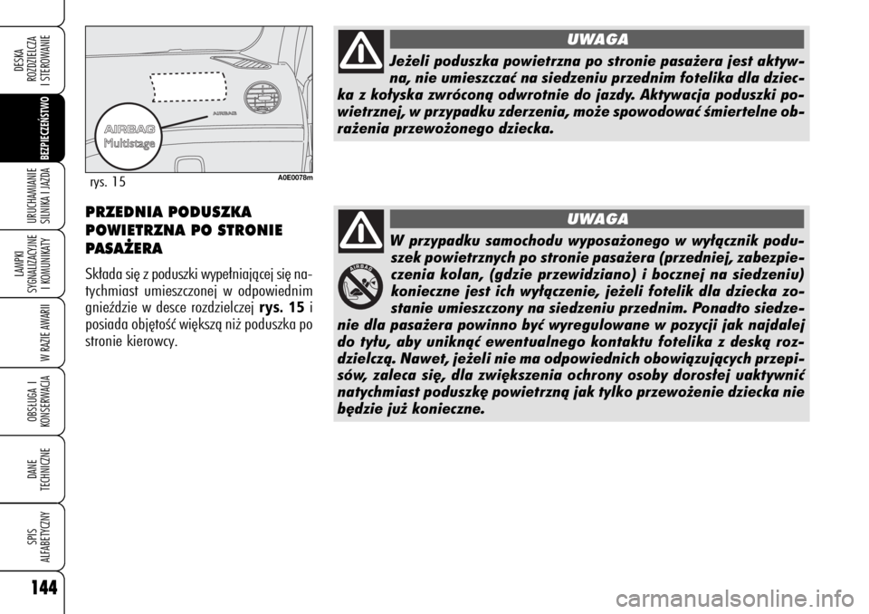 Alfa Romeo 159 2009  Instrukcja obsługi (in Polish) 144
BEZPIECZE¡STWO 
LAMPKI 
SYGNALIZACYJNE
I KOMUNIKATY
W RAZIE AWARIIOBS¸UGA I
KONSERWACJADANE 
TECHNICZNESPIS
ALFABETYCZNYDESKA
ROZDZIELCZA
I STEROWANIEURUCHAMIANIE
SILNIKA I JAZDA144
W przypadku 