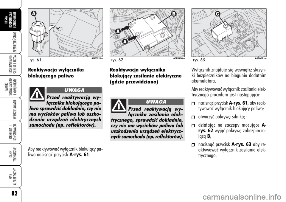 Alfa Romeo 159 2009  Instrukcja obsługi (in Polish) 82BEZPIECZE¡STWO
LAMPKI 
SYGNALIZACYJNE
I KOMUNIKATY
W RAZIE AWARIIOBS¸UGA I
KONSERWACJADANE 
TECHNICZNESPIS
ALFABETYCZNYDESKA
ROZDZIELCZA
I STEROWANIEURUCHAMIANIE
SILNIKA I JAZDA
Reaktywacja wy∏