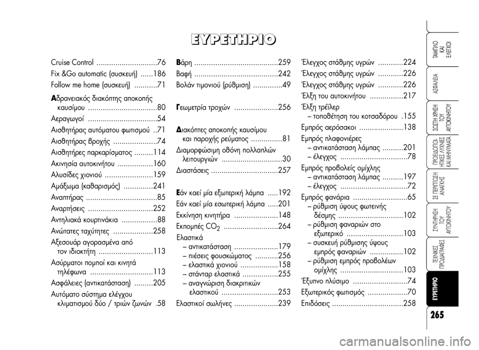 Alfa Romeo 159 2007  ΒΙΒΛΙΟ ΧΡΗΣΗΣ ΚΑΙ ΣΥΝΤΗΡΗΣΗΣ (in Greek) 265
A™ºA§EIA
¶POEI¢O¶OI-
HTIKE™ §YXNIE™
KAI MHNYMATA
™E ¶EPI¶Tø™H
ANA°KH™
™YNTHPH™H 
TOY
AYTOKINHTOY
TEXNIKE™
¶PO¢IA°PAºE™
™ø™TH XPH™H
TOY
AÀTOKINHTOY
TAM¶§