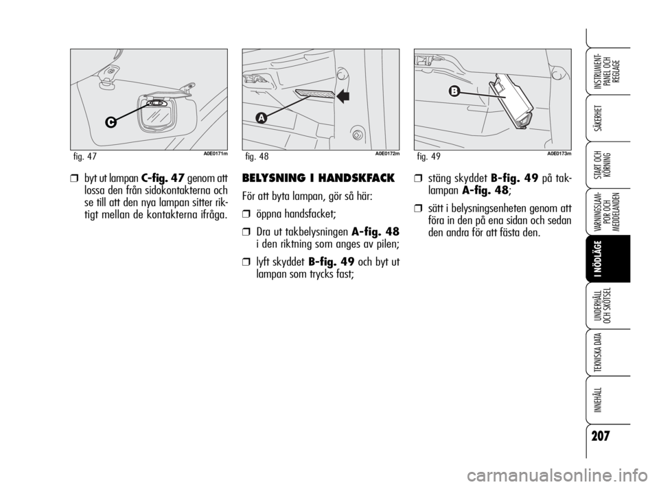 Alfa Romeo 159 2010  Drift- och underhållshandbok (in Swedish) 207
SÄKERHET
VARNINGSLAM-
POR OCH 
MEDDELANDEN
I NÖDLÄGE
UNDERHÅLL
OCH SKÖTSEL
TEKNISKA DATA
INNEHÅLL
INSTRUMENT-
PANEL OCH 
REGLAGE
START OCH 
KÖRNING❒stäng skyddet B-fig. 49på tak-
lampan