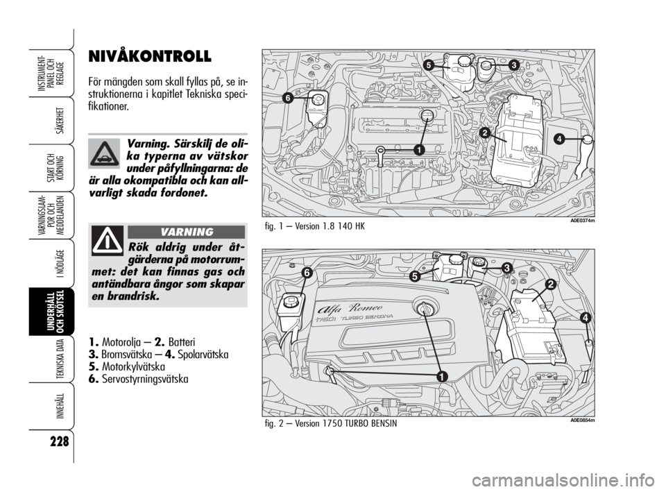 Alfa Romeo 159 2010  Drift- och underhållshandbok (in Swedish) 228
SÄKERHET
VARNINGSLAM-
POR OCH 
MEDDELANDEN
I NÖDLÄGE
UNDERHÅLL
OCH SKÖTSEL
TEKNISKA DATA
INNEHÅLL
INSTRUMENT-
PANEL OCH 
REGLAGE
START OCH 
KÖRNING
NIVÅKONTROLL
För mängden som skall fyl