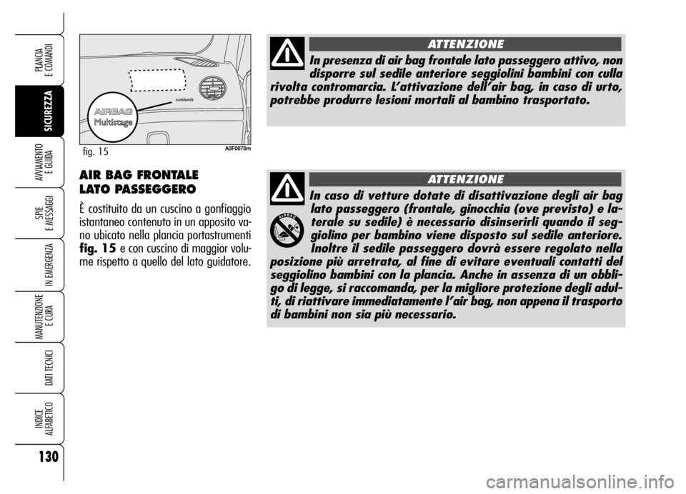 Alfa Romeo Brera/Spider 2006 Libretto Uso Manutenzione (in Italian) 130
SICUREZZA SPIE
E MESSAGGI
IN EMERGENZA
MANUTENZIONE
E CURA
DATI TECNICI
INDICE
ALFABETICO
PLANCIA
E COMANDI
AVVIAMENTO
E GUIDA
In caso di vetture dotate di disattivazione degli air bag
lato p Alfa Romeo Brera/Spider 2006 Libretto Uso Manutenzione (in Italian) 130
SICUREZZA SPIE
E MESSAGGI
IN EMERGENZA
MANUTENZIONE
E CURA
DATI TECNICI
INDICE
ALFABETICO
PLANCIA
E COMANDI
AVVIAMENTO
E GUIDA
In caso di vetture dotate di disattivazione degli air bag
lato p