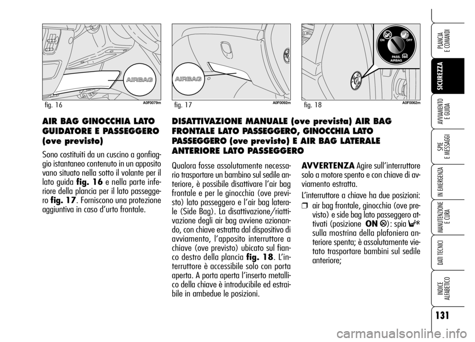 Alfa Romeo Brera/Spider 2006 Libretto Uso Manutenzione (in Italian) 131
SICUREZZA
SPIE
E MESSAGGI
IN EMERGENZA
MANUTENZIONE
E CURA
DATI TECNICI
INDICE
ALFABETICO
PLANCIA
E COMANDI
AVVIAMENTO
E GUIDADISATTIVAZIONE MANUALE (ove prevista) AIR BAG
FRONTALE LATO PASSE Alfa Romeo Brera/Spider 2006 Libretto Uso Manutenzione (in Italian) 131
SICUREZZA
SPIE
E MESSAGGI
IN EMERGENZA
MANUTENZIONE
E CURA
DATI TECNICI
INDICE
ALFABETICO
PLANCIA
E COMANDI
AVVIAMENTO
E GUIDADISATTIVAZIONE MANUALE (ove prevista) AIR BAG
FRONTALE LATO PASSE