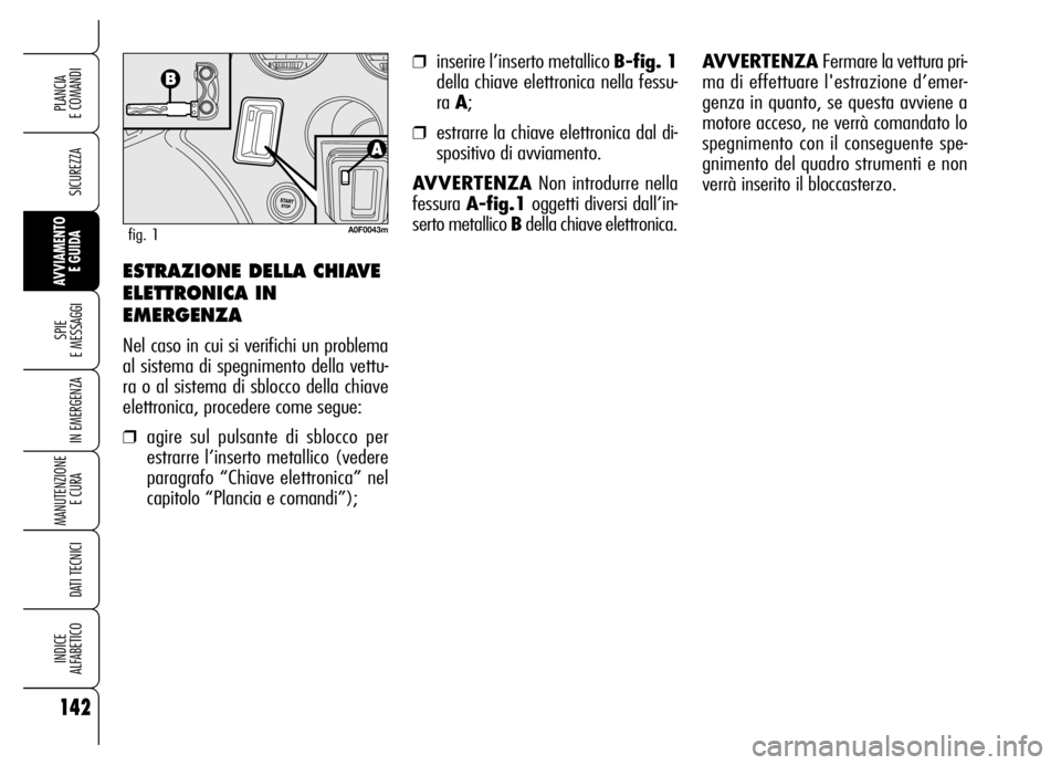 Alfa Romeo Brera/Spider 2006 Libretto Uso Manutenzione (in Italian) 142
SICUREZZA
SPIE
E MESSAGGI
IN EMERGENZA
MANUTENZIONE
E CURA
DATI TECNICI
INDICE
ALFABETICO
PLANCIA
E COMANDI
AVVIAMENTO
E GUIDA
❒inserire l’inserto metallico B-fig. 1
della chiave elettron Alfa Romeo Brera/Spider 2006 Libretto Uso Manutenzione (in Italian) 142
SICUREZZA
SPIE
E MESSAGGI
IN EMERGENZA
MANUTENZIONE
E CURA
DATI TECNICI
INDICE
ALFABETICO
PLANCIA
E COMANDI
AVVIAMENTO
E GUIDA
❒inserire l’inserto metallico B-fig. 1
della chiave elettron
