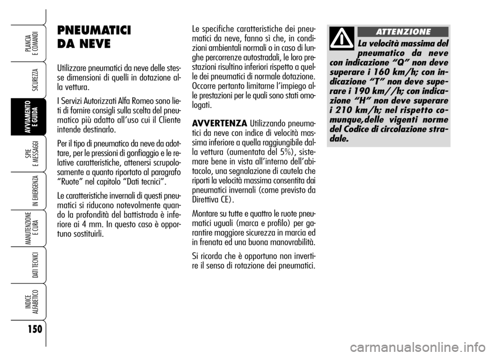 Alfa Romeo Brera/Spider 2006 Libretto Uso Manutenzione (in Italian) 150
SICUREZZA
SPIE
E MESSAGGI
IN EMERGENZA
MANUTENZIONE
E CURA
DATI TECNICI
INDICE
ALFABETICO
PLANCIA
E COMANDI
AVVIAMENTO
E GUIDA
Le specifiche caratteristiche dei pneu-
matici da neve, fanno s Alfa Romeo Brera/Spider 2006 Libretto Uso Manutenzione (in Italian) 150
SICUREZZA
SPIE
E MESSAGGI
IN EMERGENZA
MANUTENZIONE
E CURA
DATI TECNICI
INDICE
ALFABETICO
PLANCIA
E COMANDI
AVVIAMENTO
E GUIDA
Le specifiche caratteristiche dei pneu-
matici da neve, fanno s