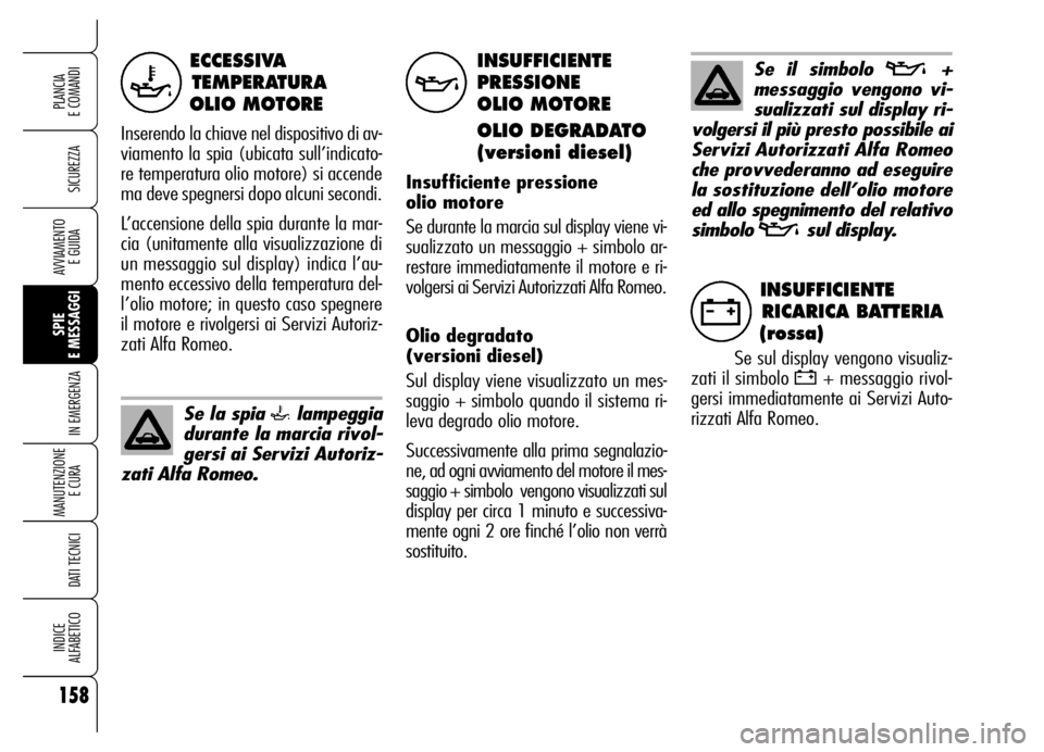 Alfa Romeo Brera/Spider 2006 Libretto Uso Manutenzione (in Italian) 158
SICUREZZA
SPIE
E MESSAGGI
IN EMERGENZA
MANUTENZIONE
E CURA
DATI TECNICI
INDICE
ALFABETICO
PLANCIA
E COMANDI
AVVIAMENTO
E GUIDA
ECCESSIVA
TEMPERATURA
OLIO MOTORE
Inserendo la chiave nel dispos Alfa Romeo Brera/Spider 2006 Libretto Uso Manutenzione (in Italian) 158
SICUREZZA
SPIE
E MESSAGGI
IN EMERGENZA
MANUTENZIONE
E CURA
DATI TECNICI
INDICE
ALFABETICO
PLANCIA
E COMANDI
AVVIAMENTO
E GUIDA
ECCESSIVA
TEMPERATURA
OLIO MOTORE
Inserendo la chiave nel dispos