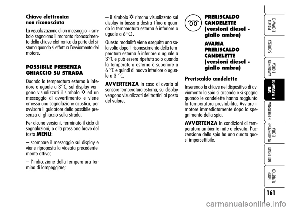 Alfa Romeo Brera/Spider 2006 Libretto Uso Manutenzione (in Italian) 161
SICUREZZA
SPIE
E MESSAGGI IN EMERGENZA
MANUTENZIONE
E CURA
DATI TECNICI
INDICE
ALFABETICO
PLANCIA
E COMANDI
AVVIAMENTO
E GUIDA
– il simbolo √rimane visualizzato sul
display in basso a dest Alfa Romeo Brera/Spider 2006 Libretto Uso Manutenzione (in Italian) 161
SICUREZZA
SPIE
E MESSAGGI IN EMERGENZA
MANUTENZIONE
E CURA
DATI TECNICI
INDICE
ALFABETICO
PLANCIA
E COMANDI
AVVIAMENTO
E GUIDA
– il simbolo √rimane visualizzato sul
display in basso a dest
