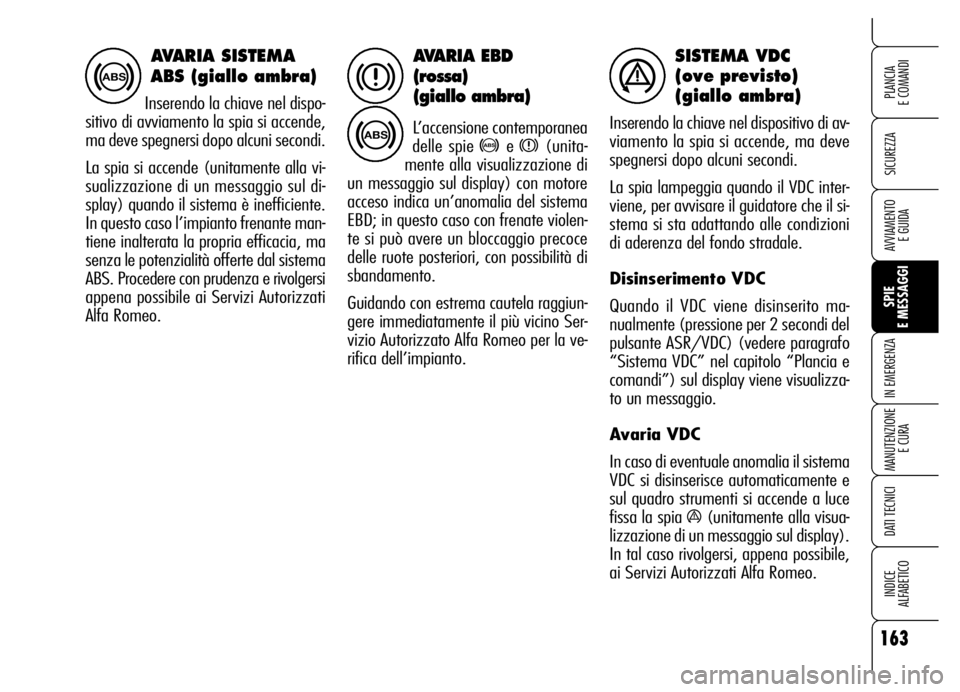 Alfa Romeo Brera/Spider 2006 Libretto Uso Manutenzione (in Italian) 163
SICUREZZA
SPIE
E MESSAGGI IN EMERGENZA
MANUTENZIONE
E CURA
DATI TECNICI
INDICE
ALFABETICO
PLANCIA
E COMANDI
AVVIAMENTO
E GUIDA
AVARIA EBD
(rossa)
(giallo ambra)
L’accensione contemporanea
d Alfa Romeo Brera/Spider 2006 Libretto Uso Manutenzione (in Italian) 163
SICUREZZA
SPIE
E MESSAGGI IN EMERGENZA
MANUTENZIONE
E CURA
DATI TECNICI
INDICE
ALFABETICO
PLANCIA
E COMANDI
AVVIAMENTO
E GUIDA
AVARIA EBD
(rossa)
(giallo ambra)
L’accensione contemporanea
d