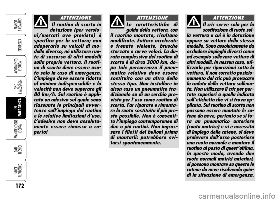 Alfa Romeo Brera/Spider 2006 Libretto Uso Manutenzione (in Italian) 172
SICUREZZA
SPIE
E MESSAGGI
IN
EMERGENZA MANUTENZIONE
E CURA
DATI
TECNICI
INDICE
ALFABETICO
PLANCIA
E COMANDI
AVVIAMENTO
E GUIDA
Il ruotino di scorta in
dotazione (per versio-
ni/mercati ove pr Alfa Romeo Brera/Spider 2006 Libretto Uso Manutenzione (in Italian) 172
SICUREZZA
SPIE
E MESSAGGI
IN
EMERGENZA MANUTENZIONE
E CURA
DATI
TECNICI
INDICE
ALFABETICO
PLANCIA
E COMANDI
AVVIAMENTO
E GUIDA
Il ruotino di scorta in
dotazione (per versio-
ni/mercati ove pr