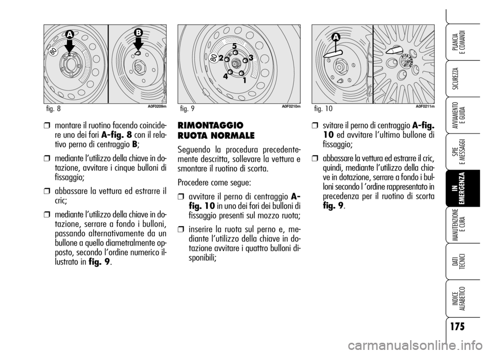 Alfa Romeo Brera/Spider 2006 Libretto Uso Manutenzione (in Italian) 175
SICUREZZA
SPIE
E MESSAGGI
IN
EMERGENZA MANUTENZIONE
E CURA
DATI
TECNICI
INDICE
ALFABETICO
PLANCIA
E COMANDI
AVVIAMENTO
E GUIDA❒montare il ruotino facendo coincide-
re uno dei fori A-fig. 8 Alfa Romeo Brera/Spider 2006 Libretto Uso Manutenzione (in Italian) 175
SICUREZZA
SPIE
E MESSAGGI
IN
EMERGENZA MANUTENZIONE
E CURA
DATI
TECNICI
INDICE
ALFABETICO
PLANCIA
E COMANDI
AVVIAMENTO
E GUIDA❒montare il ruotino facendo coincide-
re uno dei fori A-fig. 8