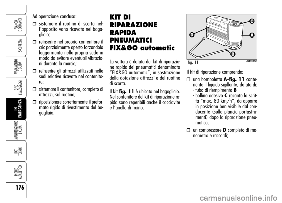Alfa Romeo Brera/Spider 2006 Libretto Uso Manutenzione (in Italian) 176
SICUREZZA
SPIE
E MESSAGGI
IN
EMERGENZA MANUTENZIONE
E CURA
DATI
TECNICI
INDICE
ALFABETICO
PLANCIA
E COMANDI
AVVIAMENTO
E GUIDA
Ad operazione conclusa:
❒sistemare il ruotino di scorta nel-
l Alfa Romeo Brera/Spider 2006 Libretto Uso Manutenzione (in Italian) 176
SICUREZZA
SPIE
E MESSAGGI
IN
EMERGENZA MANUTENZIONE
E CURA
DATI
TECNICI
INDICE
ALFABETICO
PLANCIA
E COMANDI
AVVIAMENTO
E GUIDA
Ad operazione conclusa:
❒sistemare il ruotino di scorta nel-
l