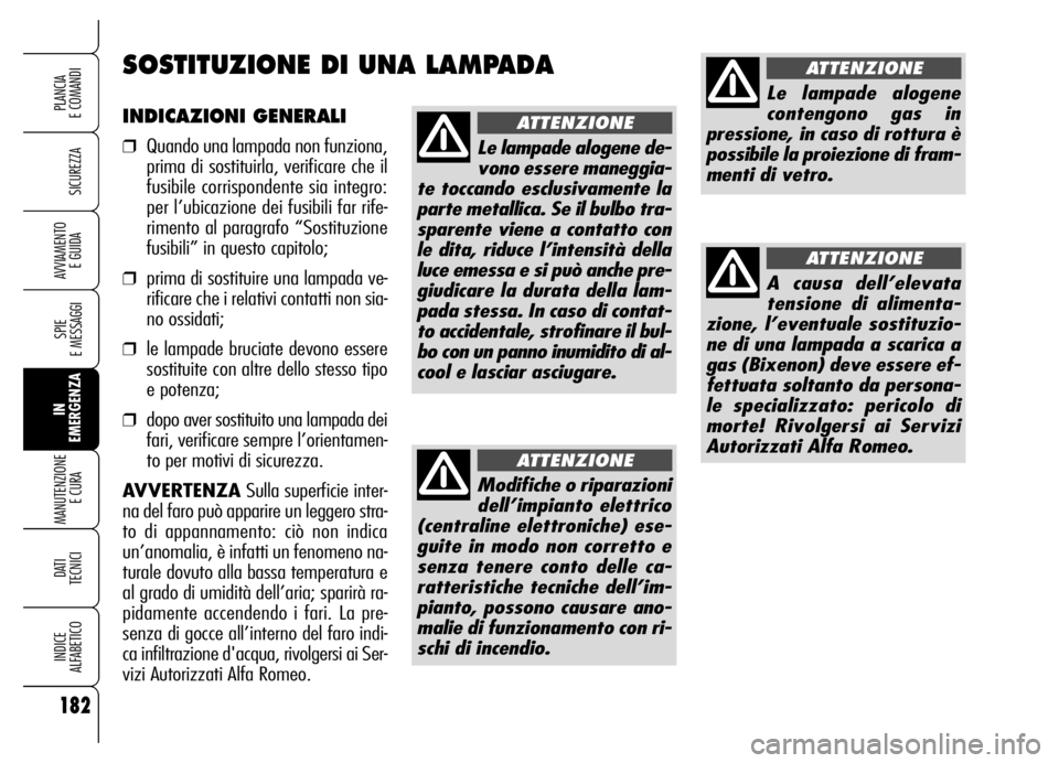 Alfa Romeo Brera/Spider 2006 Libretto Uso Manutenzione (in Italian) 182
SICUREZZA
SPIE
E MESSAGGI
IN
EMERGENZA MANUTENZIONE
E CURA
DATI
TECNICI
INDICE
ALFABETICO
PLANCIA
E COMANDI
AVVIAMENTO
E GUIDA
INDICAZIONI GENERALI
❒Quando una lampada non funziona,
prima d Alfa Romeo Brera/Spider 2006 Libretto Uso Manutenzione (in Italian) 182
SICUREZZA
SPIE
E MESSAGGI
IN
EMERGENZA MANUTENZIONE
E CURA
DATI
TECNICI
INDICE
ALFABETICO
PLANCIA
E COMANDI
AVVIAMENTO
E GUIDA
INDICAZIONI GENERALI
❒Quando una lampada non funziona,
prima d