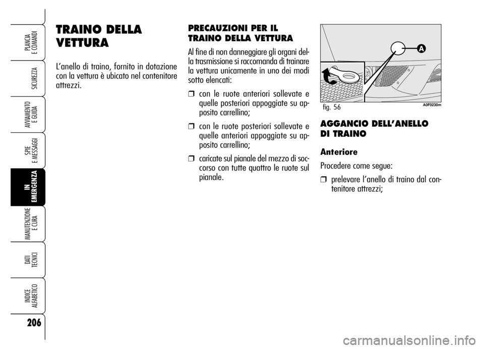 Alfa Romeo Brera/Spider 2006  Libretto Uso Manutenzione (in Italian) 206
SICUREZZA
SPIE 
E MESSAGGI
IN
EMERGENZA MANUTENZIONE
E CURA 
DATI
TECNICI
INDICE 
ALFABETICO
PLANCIA 
E COMANDI
AVVIAMENTO 
E GUIDA
TRAINO DELLA
VETTURA
L’anello di traino, fornito in dotazione
