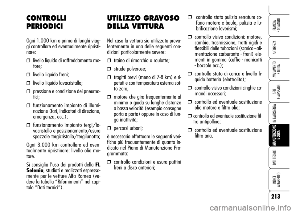 Alfa Romeo Brera/Spider 2006 Libretto Uso Manutenzione (in Italian) 213
SICUREZZA
SPIE
E MESSAGGI
IN EMERGENZA
MANUTENZIONE
E CURA
DATI TECNICI
INDICE
ALFABETICO
PLANCIA
E COMANDI
AVVIAMENTO
E GUIDA
UTILIZZO GRAVOSO
DELLA VETTURA
Nel caso la vettura sia utilizzata Alfa Romeo Brera/Spider 2006 Libretto Uso Manutenzione (in Italian) 213
SICUREZZA
SPIE
E MESSAGGI
IN EMERGENZA
MANUTENZIONE
E CURA
DATI TECNICI
INDICE
ALFABETICO
PLANCIA
E COMANDI
AVVIAMENTO
E GUIDA
UTILIZZO GRAVOSO
DELLA VETTURA
Nel caso la vettura sia utilizzata