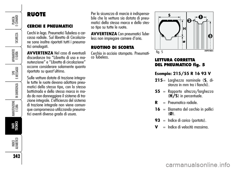 Alfa Romeo Brera/Spider 2006 Libretto Uso Manutenzione (in Italian) LETTURA CORRETTA
DEL PNEUMATICO fig. 5
Esempio: 215/55 R 16 93 V
215= Larghezza nominale (S, di-
stanza in mm tra i fianchi).
55= Rapporto altezza/larghezza
(H/S) in percentuale.
R= Pneumatico radial Alfa Romeo Brera/Spider 2006 Libretto Uso Manutenzione (in Italian) LETTURA CORRETTA
DEL PNEUMATICO fig. 5
Esempio: 215/55 R 16 93 V
215= Larghezza nominale (S, di-
stanza in mm tra i fianchi).
55= Rapporto altezza/larghezza
(H/S) in percentuale.
R= Pneumatico radial