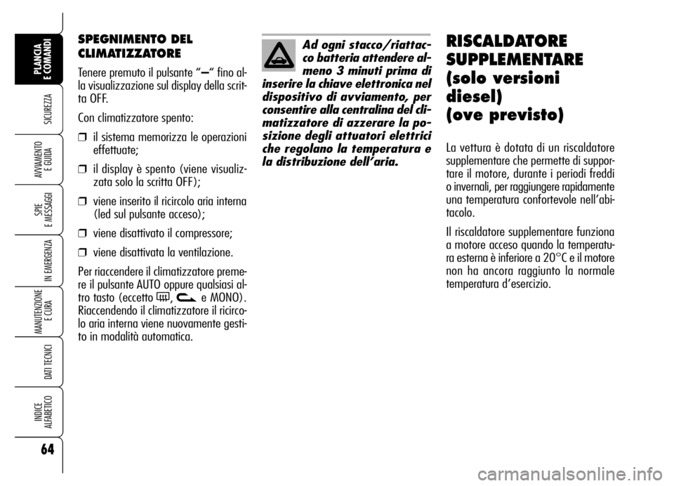 Alfa Romeo Brera/Spider 2006 Libretto Uso Manutenzione (in Italian) 64
SICUREZZA
SPIE
E MESSAGGI
IN EMERGENZA
MANUTENZIONE
E CURA
DATI TECNICI
INDICE
ALFABETICO
PLANCIA
E COMANDI
AVVIAMENTO
E GUIDA
SPEGNIMENTO DEL
CLIMATIZZATORE
Tenere premuto il pulsante “– Alfa Romeo Brera/Spider 2006 Libretto Uso Manutenzione (in Italian) 64
SICUREZZA
SPIE
E MESSAGGI
IN EMERGENZA
MANUTENZIONE
E CURA
DATI TECNICI
INDICE
ALFABETICO
PLANCIA
E COMANDI
AVVIAMENTO
E GUIDA
SPEGNIMENTO DEL
CLIMATIZZATORE
Tenere premuto il pulsante “–