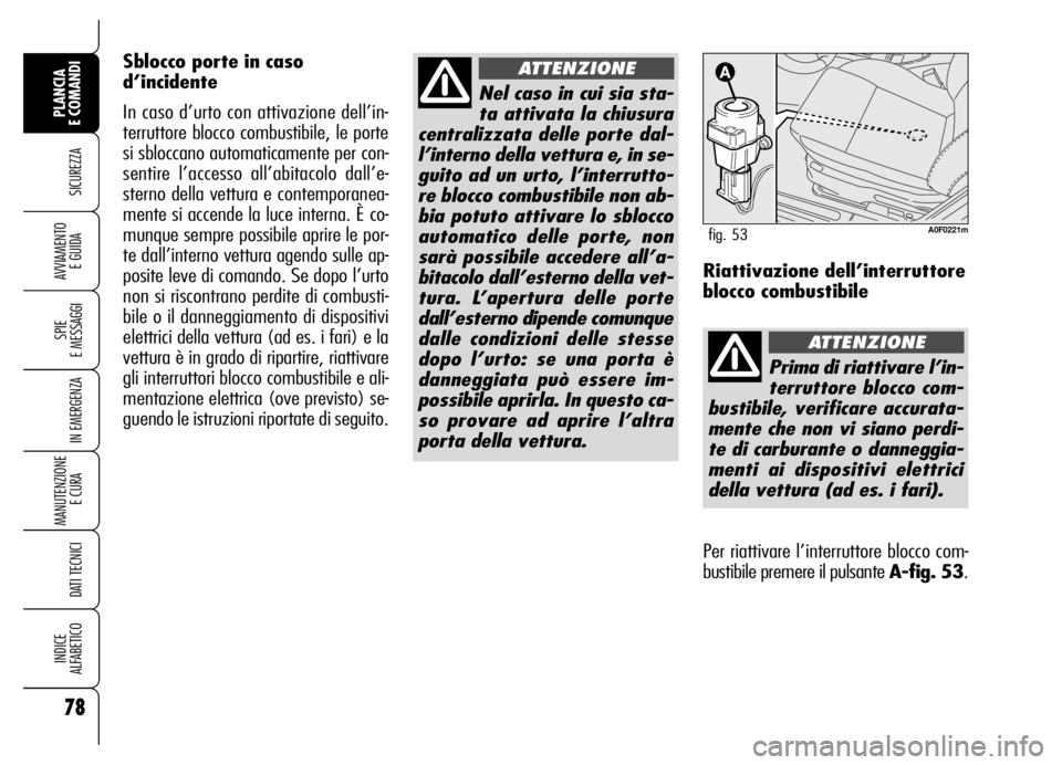 Alfa Romeo Brera/Spider 2006 Libretto Uso Manutenzione (in Italian) 78
SICUREZZA
SPIE
E MESSAGGI
IN EMERGENZA
MANUTENZIONE
E CURA
DATI TECNICI
INDICE
ALFABETICO
PLANCIA
E COMANDI
AVVIAMENTO
E GUIDA
Nel caso in cui sia sta-
ta attivata la chiusura
centralizzata de Alfa Romeo Brera/Spider 2006 Libretto Uso Manutenzione (in Italian) 78
SICUREZZA
SPIE
E MESSAGGI
IN EMERGENZA
MANUTENZIONE
E CURA
DATI TECNICI
INDICE
ALFABETICO
PLANCIA
E COMANDI
AVVIAMENTO
E GUIDA
Nel caso in cui sia sta-
ta attivata la chiusura
centralizzata de