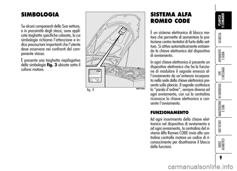 Alfa Romeo Brera/Spider 2007 Libretto Uso Manutenzione (in Italian) SISTEMA ALFA
ROMEO CODE
È un sistema elettronico di blocco mo-
tore che permette di aumentare la pro-
tezione contro tentativi di furto della vet-
tura. Si attiva automaticamente estraen-
do la chiav Alfa Romeo Brera/Spider 2007 Libretto Uso Manutenzione (in Italian) SISTEMA ALFA
ROMEO CODE
È un sistema elettronico di blocco mo-
tore che permette di aumentare la pro-
tezione contro tentativi di furto della vet-
tura. Si attiva automaticamente estraen-
do la chiav