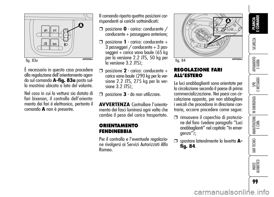Alfa Romeo Brera/Spider 2007 Libretto Uso Manutenzione (in Italian) 99
SICUREZZA
SPIE
E MESSAGGI
IN EMERGENZA
MANUTENZIONE
E CURA
DATI TECNICI
INDICE
ALFABETICO
PLANCIA
E COMANDI
AVVIAMENTO
E GUIDAÈ necessario in questo caso procedere
alla regolazione dell’orie Alfa Romeo Brera/Spider 2007 Libretto Uso Manutenzione (in Italian) 99
SICUREZZA
SPIE
E MESSAGGI
IN EMERGENZA
MANUTENZIONE
E CURA
DATI TECNICI
INDICE
ALFABETICO
PLANCIA
E COMANDI
AVVIAMENTO
E GUIDAÈ necessario in questo caso procedere
alla regolazione dell’orie