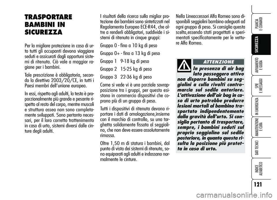 Alfa Romeo Brera/Spider 2007 Libretto Uso Manutenzione (in Italian) 121
SICUREZZA
SPIE
E MESSAGGI
IN EMERGENZA
MANUTENZIONE
E CURA
DATI TECNICI
INDICE
ALFABETICO
PLANCIA
E COMANDI
AVVIAMENTO
E GUIDA
I risultati della ricerca sulla miglior pro-
tezione dei bambini Alfa Romeo Brera/Spider 2007 Libretto Uso Manutenzione (in Italian) 121
SICUREZZA
SPIE
E MESSAGGI
IN EMERGENZA
MANUTENZIONE
E CURA
DATI TECNICI
INDICE
ALFABETICO
PLANCIA
E COMANDI
AVVIAMENTO
E GUIDA
I risultati della ricerca sulla miglior pro-
tezione dei bambini